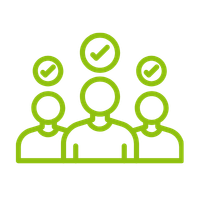 An illustration depicting three people with circular heads and checkmarks above them, symbolizing approval or agreement. The design is in a simple green outline style.