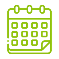 A simple green outline of a calendar with tabs at the top and a page corner turned down, displaying a grid layout for dates.