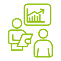 Two stylized figures engaging in a discussion. One figure holds a report while the other looks on. In the background is a graphic with an upward-trending line chart, symbolizing analytics or business growth.