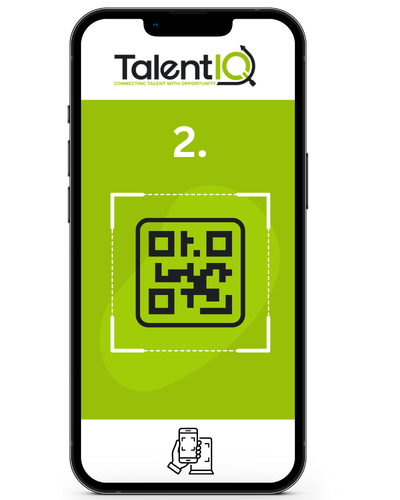A smartphone displaying a digital screen with the TalentIQ logo at the top, the number '2' in large font, and a QR code in the center, framed by a thin outline. The screen background is bright green, and there is an icon of a phone at the bottom.
