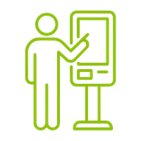 A line drawing of a person interacting with a touchscreen kiosk. The person is positioned to the right, pointing at the kiosk, which is designed for public use.