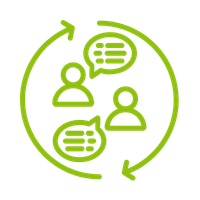 An icon depicting three stylized figures and two speech bubbles, enclosed within circular arrows, suggesting communication and collaboration.
