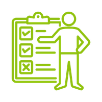 An outline of a person standing next to a clipboard with checkboxes. The clipboard has three checkboxes, two checked and one unchecked, indicating a task list.