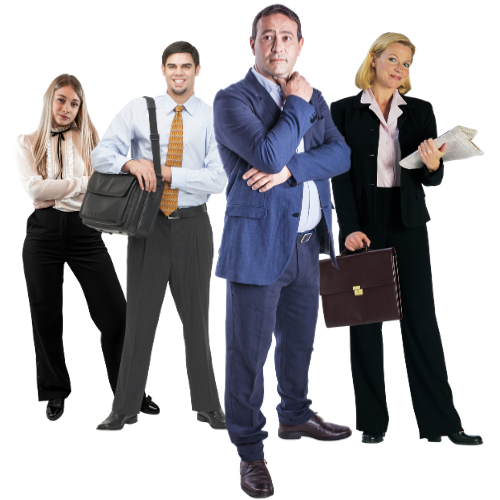 Four professionals in business attire standing together. A woman in a black suit with a folder, a man in a suit with arms crossed, a man in a shirt and tie carrying a bag, and a woman in a blouse with arms crossed.