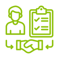 An outline illustration of a person next to a clipboard with check marks and a handshake icon below, symbolizing agreement or collaboration.