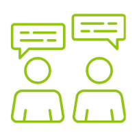 Two simple figures representing people engaged in conversation, illustrated with green outlines and speech bubbles above them containing text lines.